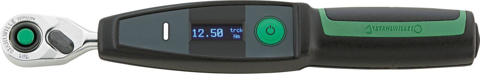 Clé dynamométrique électronique avec affichage numérique, indiquant '12,59 Nm', design vert et noir, idéale pour des couples de serrage précis.