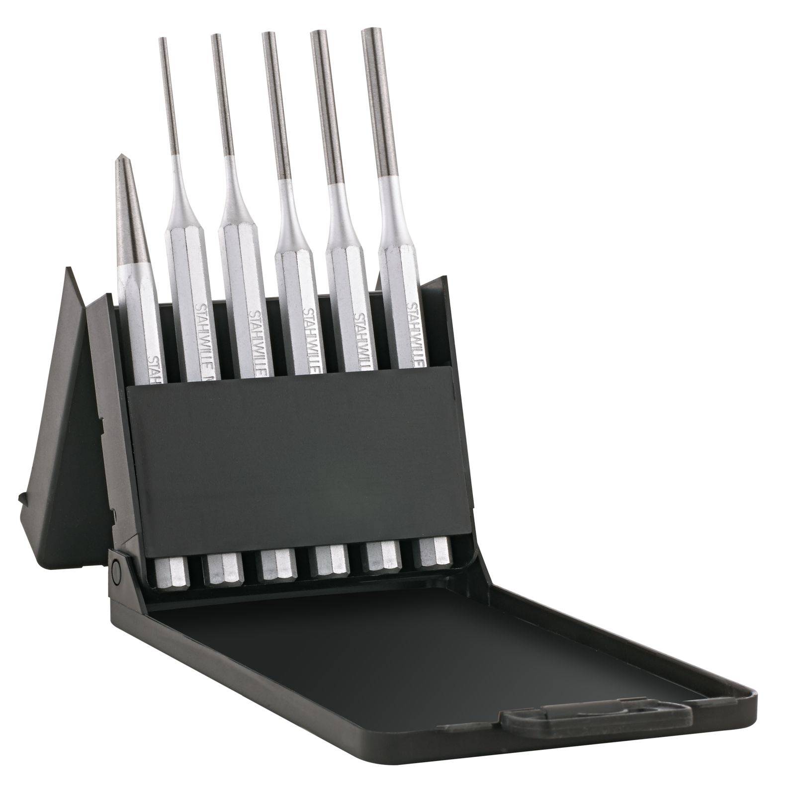 Un ensemble de six centreurs en argent dans un étui en plastique noir à couvercle rabattable, présenté verticalement.