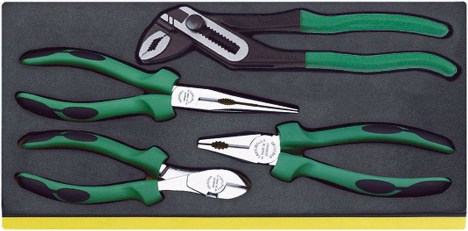 Un ensemble de quatre outils à main verts, comprenant des pinces et des outils de préhension, soigneusement rangés dans un insert en mousse.
