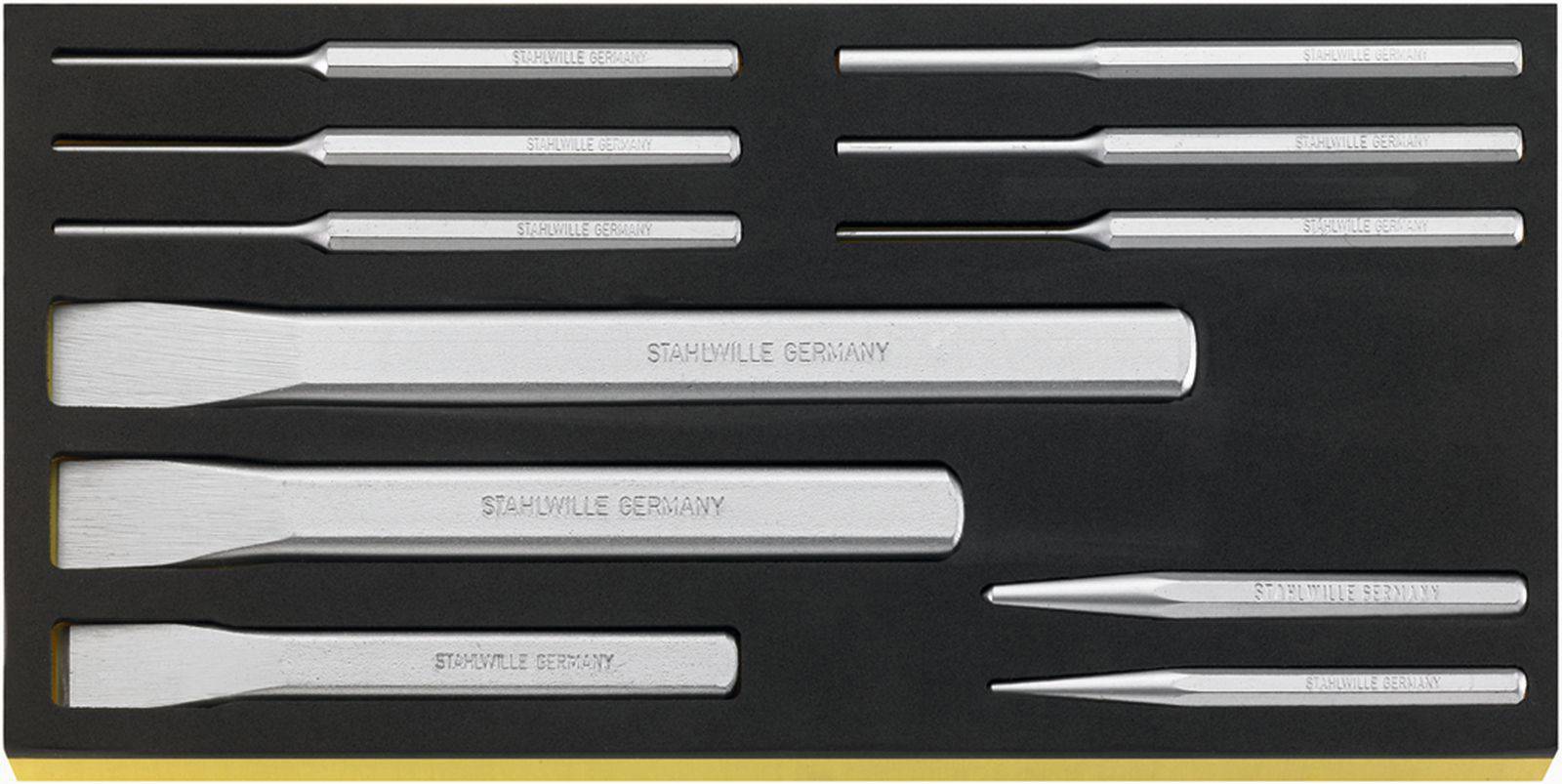 Un ensemble d'outils de poinçonnage de différentes tailles, soigneusement rangés dans un support noir. Principalement utilisés pour les travaux sur métaux.