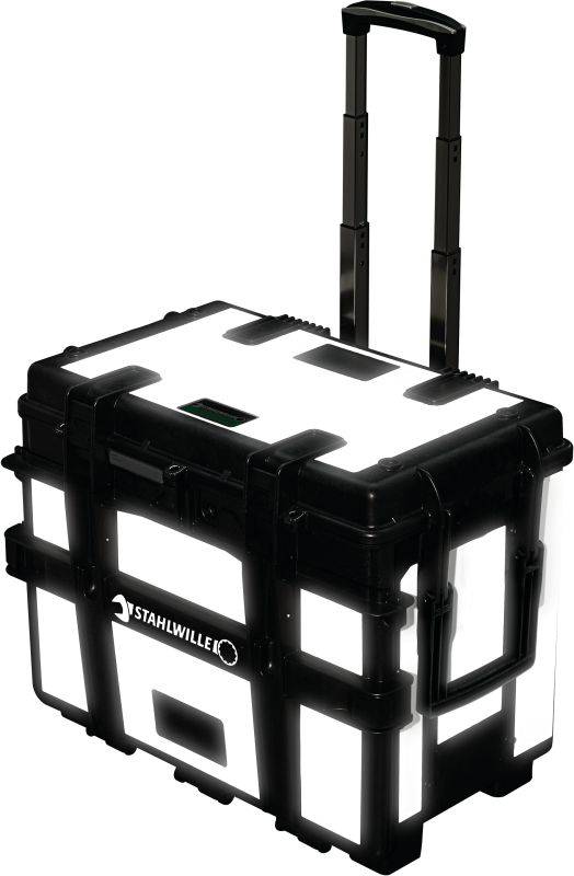 Coffret à outils noir avec poignée télescopique et fermetures robustes, sérigraphié 'Stahlwille'. Pratique pour le transport.