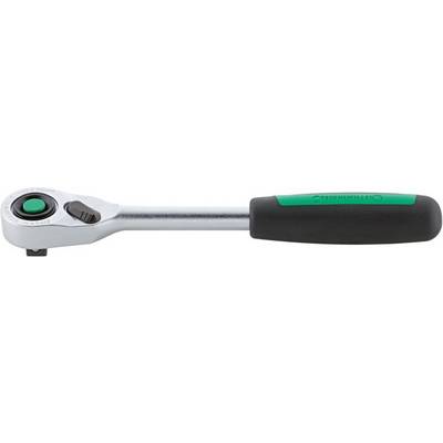 Clé à cliquet avec poignée verte et noire, en métal. Elle dispose d'un bouton de libération rapide et d'un interrupteur de sens de rotation.
