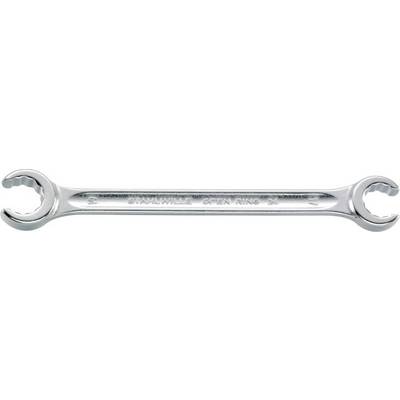 Une clé à double anneau en argent avec des extrémités recourbées et l'inscription 'STAHLWILLE OPEN-RING 36'. Outil pour travaux mécaniques.