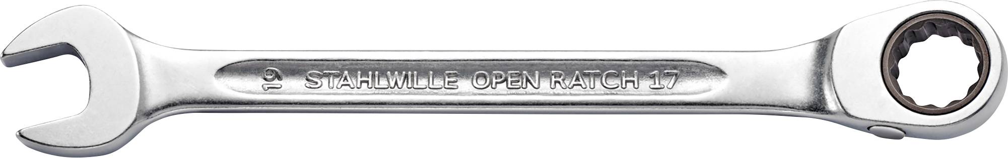 Une clé à molette en argent portant l'inscription 'STAHLWILLE OPEN RATCH 17'. Un côté est ouvert, l'autre dispose d'une fonction de cliquet.