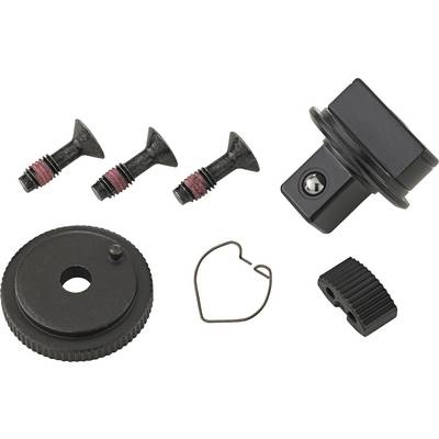 Un ensemble de pièces métalliques noires, comprenant des vis, un engrenage, un clip et un adaptateur. Ils sont destinés au montage d'appareils mécaniques.