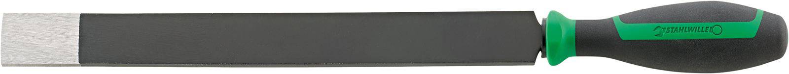 Lime métallique grande et plate, avec une poignée noire ergonomique et un accent vert, utilisée pour lisser et façonner des matériaux.