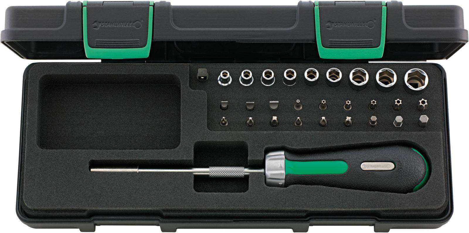 Boîte à outils comprenant un tournevis et différents embouts et douilles interchangeables, rangés dans un étui en plastique noir.