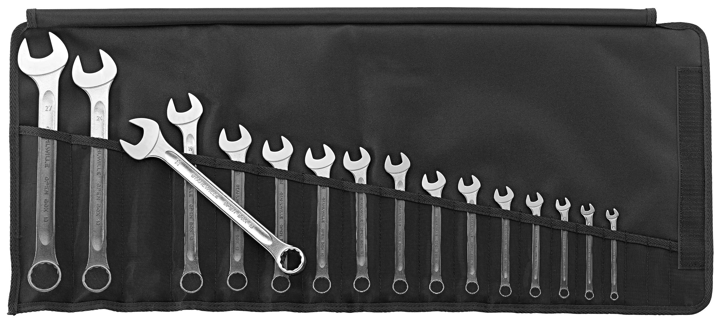 Un ensemble de 15 clés à anneau ouvert de tailles croissantes est rangé dans une pochette noire à enroulement, utilisée pour un rangement organisé.