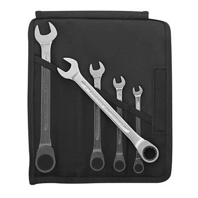 Un ensemble de cinq clés à molette ouvertes de différentes tailles, soigneusement rangées dans une sacoche à outils noire.