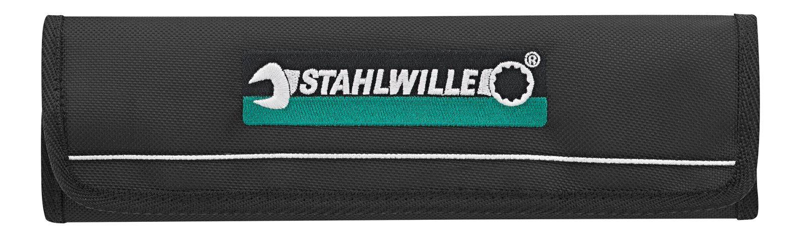 Sacoche à outils noire avec le logo 'Stahlwille' à l'avant, dans un schéma de couleurs blanc et vert, arborant un symbole de clé.