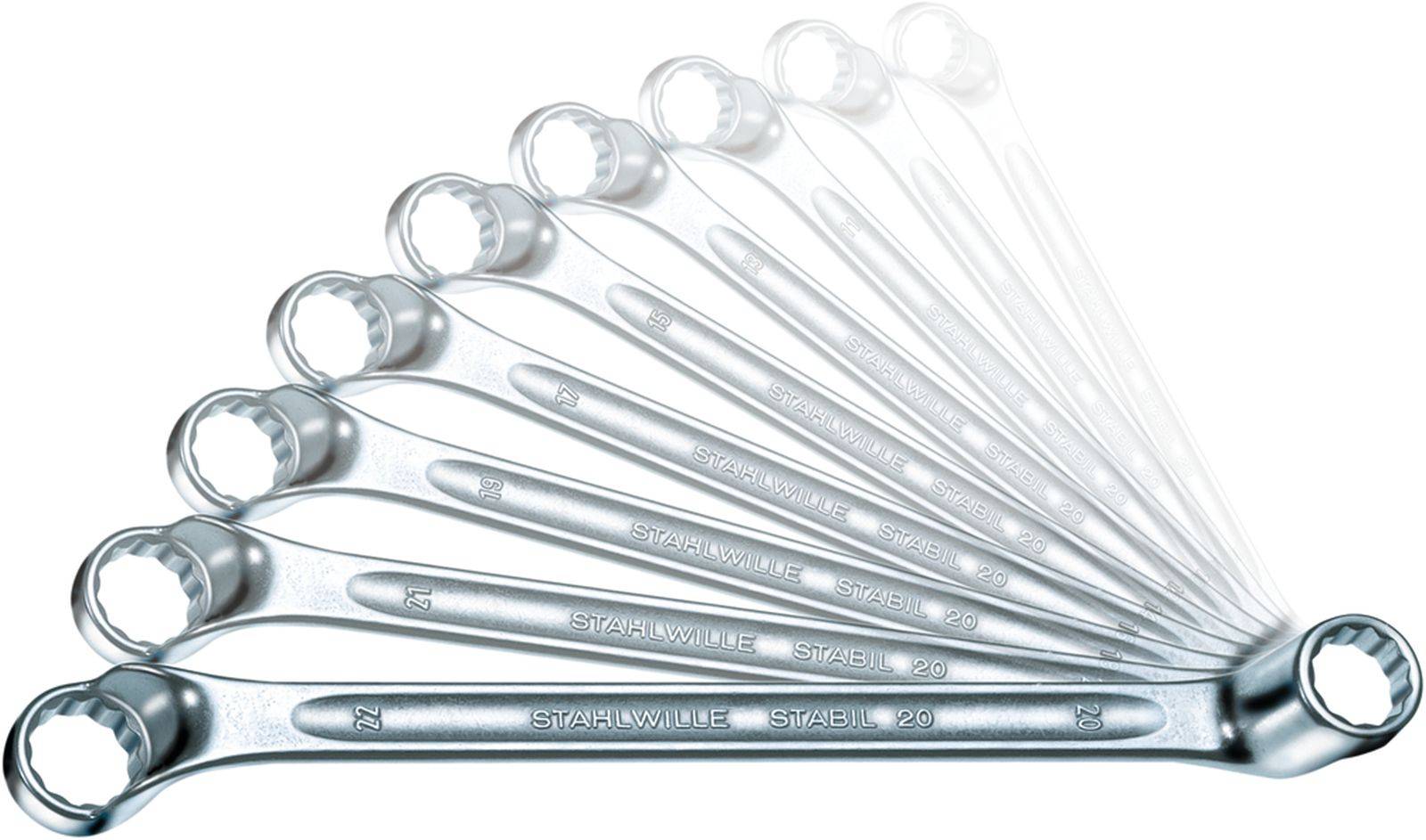 Un ensemble de clés polygonales chromées, disposées dans l'ordre croissant de taille, partiellement transparentes, sur un fond blanc.