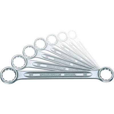 Six clés à fourche de tailles différentes, disposées en éventail, du plus petit au plus grand.