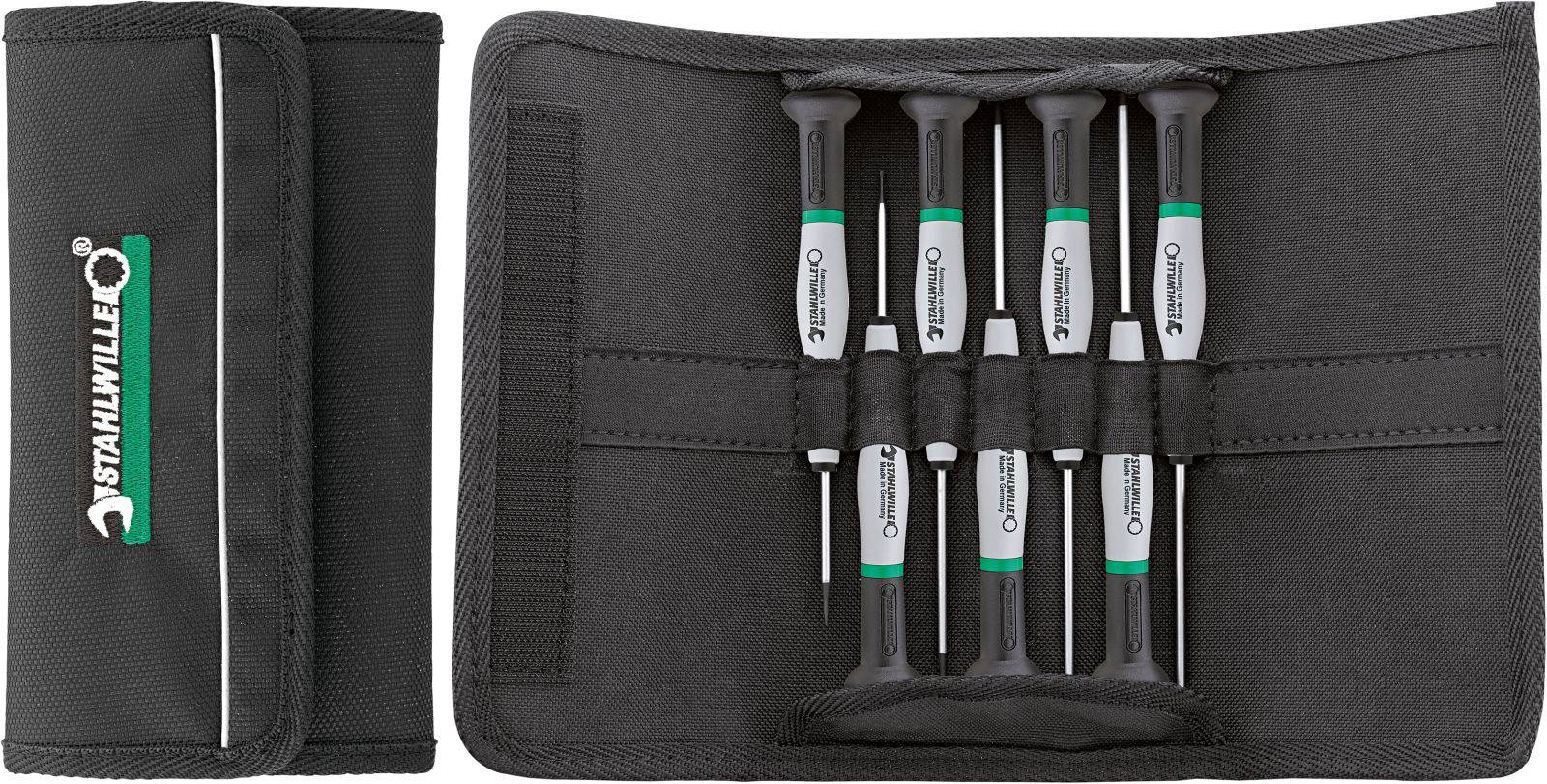 Coffret de tournevis de précision comprenant six tournevis dans une pochette en tissu noir portant le logo 'STAHLWILLE'.