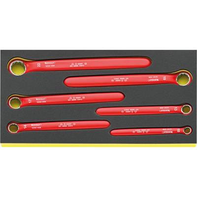 Six clés à molette rouges de différentes tailles sont soigneusement rangées dans un insert en mousse à l'intérieur d'une boîte à outils.