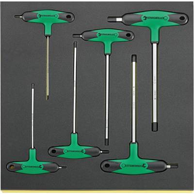 Un ensemble de six clés Allen à poignée en T de différentes tailles, présenté dans un support en mousse noir.