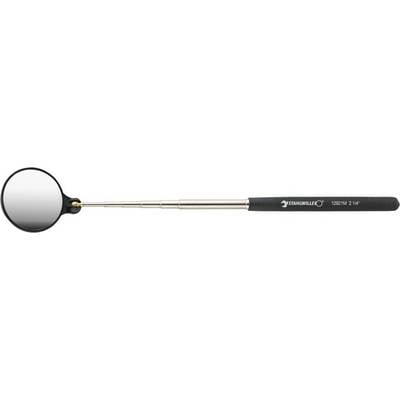 Miroir dentaire à manche noir et col métallique ajustable, utilisé pour l'inspection des dents et de la cavité buccale.