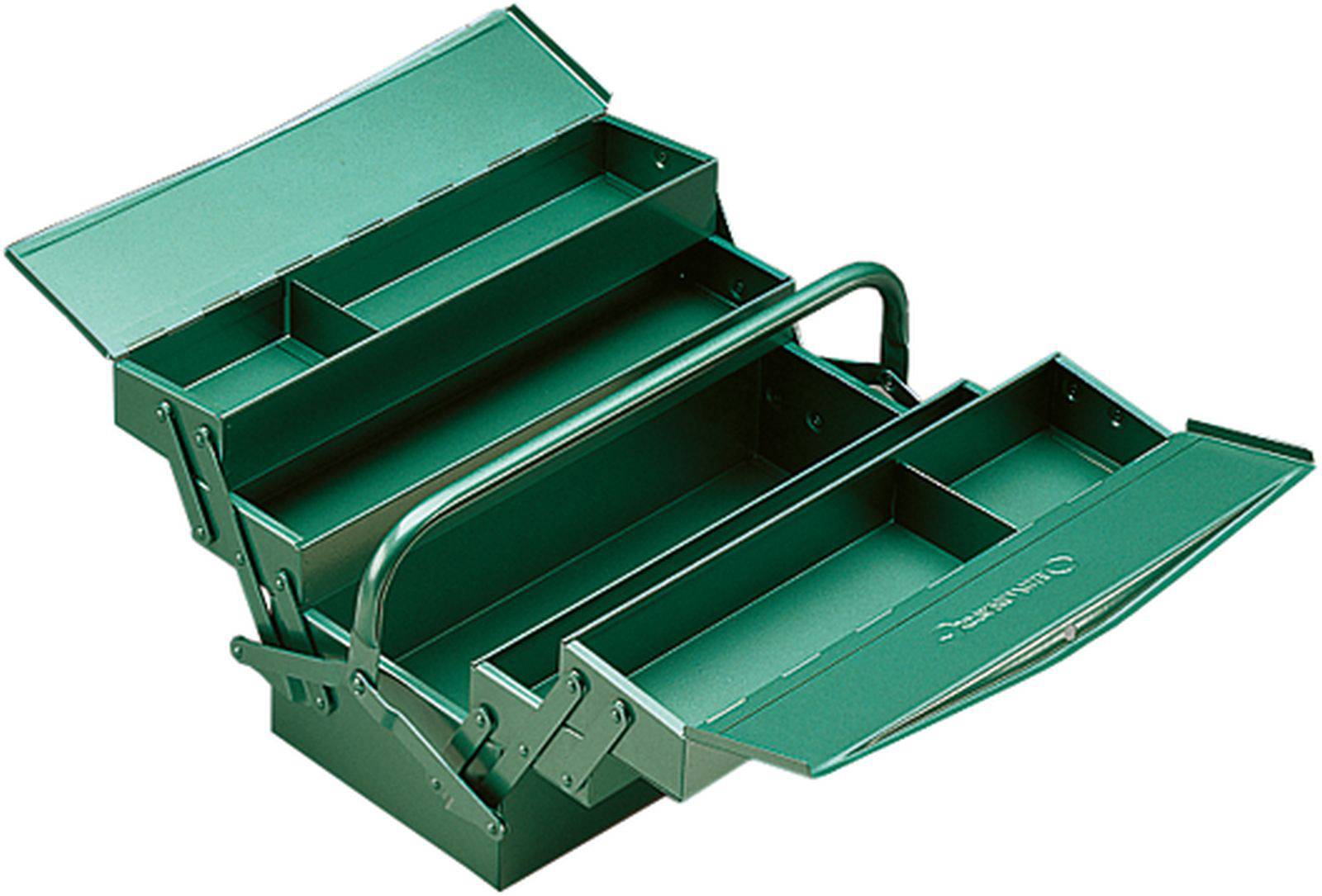 Boîte à outils verte ouverte avec plusieurs compartiments pour le rangement et l'organisation des outils.