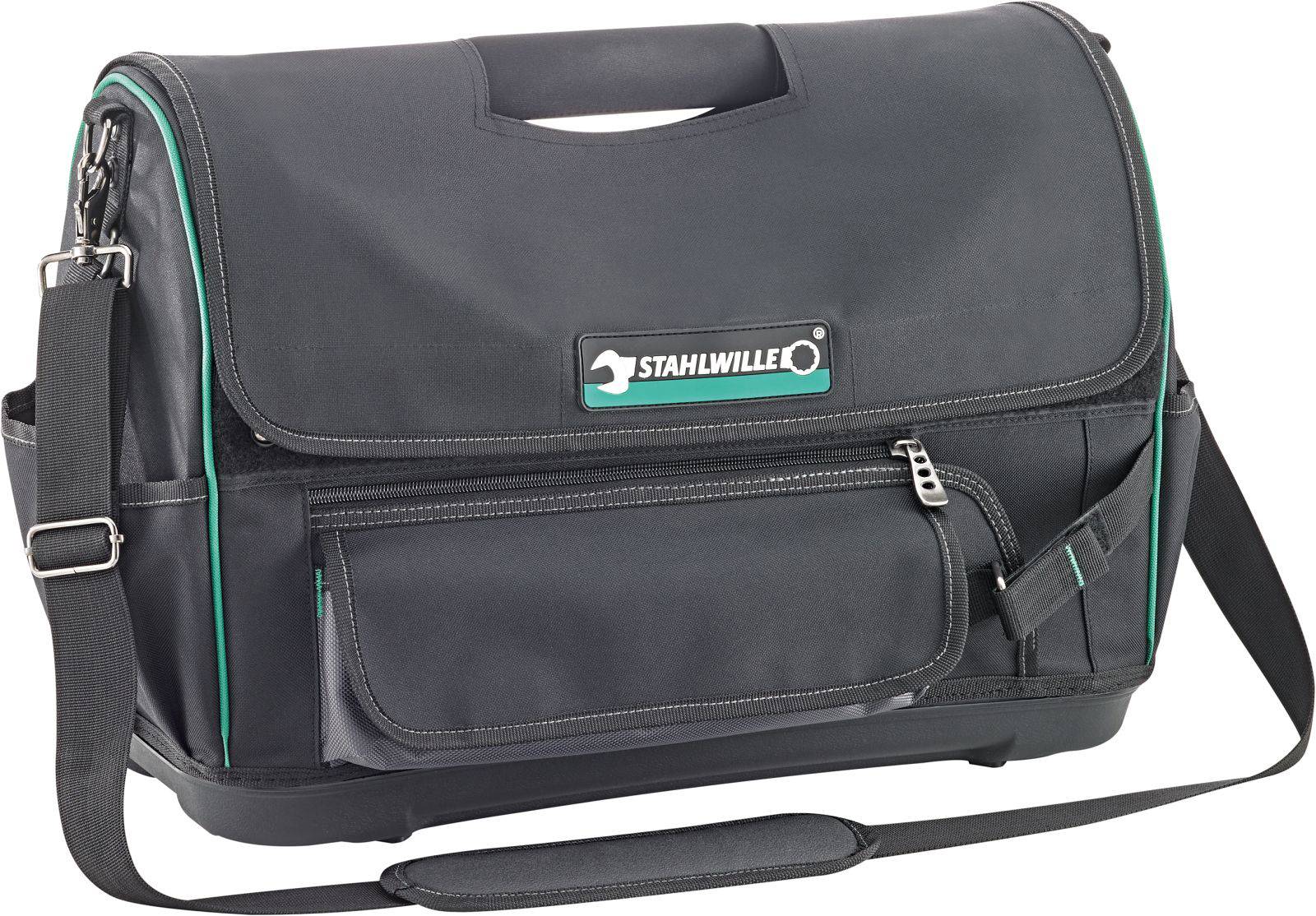 Sac à outils noir avec bandoulière. Grande pochette principale et plusieurs poches pour accessoires. Marque 'Stahlwille' sur la face avant.
