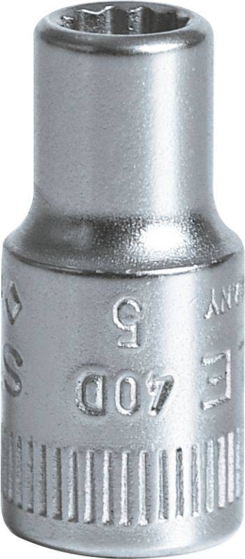 Écrou à goupille en argent gravé '5' et '40D'. Adapté pour les travaux de vissage et de montage. Corps cylindrique étroit avec base dentée.