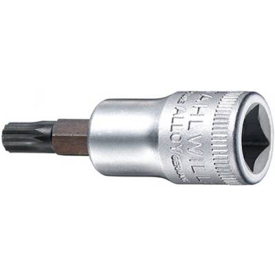 Un adaptateur de clé à douille Torx argenté en gros plan. Il présente un bord strié et est fabriqué en métal allié.