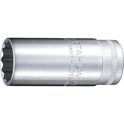 Un embout de clé à douille chromé, marqué 'STAHLWILLE CHROME ALLOY GERMANY', présente des rainures latérales pour une meilleure prise en main.