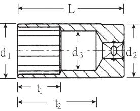 Illustration d'un diagramme technique avec indications de longueurs L, t1, t2 et diamètre d3. Présente les détails d'un composant mécanique.