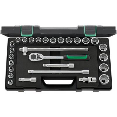 Une boîte à outils contenant un jeu de clés à douille bien organisé : des clés à cliquet, différentes rallonges et des douilles de différentes tailles.