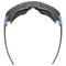 Une paire de lunettes de protection noires avec des détails bleus, vue de dessus. Elles présentent un design robuste et sont conçues pour la protection au travail.