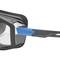 Un gros plan d'une paire de lunettes de protection avec des verres transparents et un élément d'accentuation bleu sur la monture. Le nom de marque 'uvex' est visible.