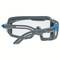 Lunettes de protection grises avec des verres transparents et des accents bleus sur les extrémités des branches, vue de côté.