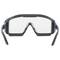 Une lunette de protection noire, sportive, avec des verres transparents et des touches bleues, vue de face sur un fond blanc.