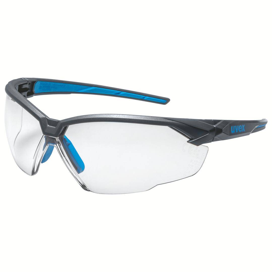 Lunettes de protection avec verres transparents et branches bleues. Offre une protection oculaire pour diverses activités et environnements.