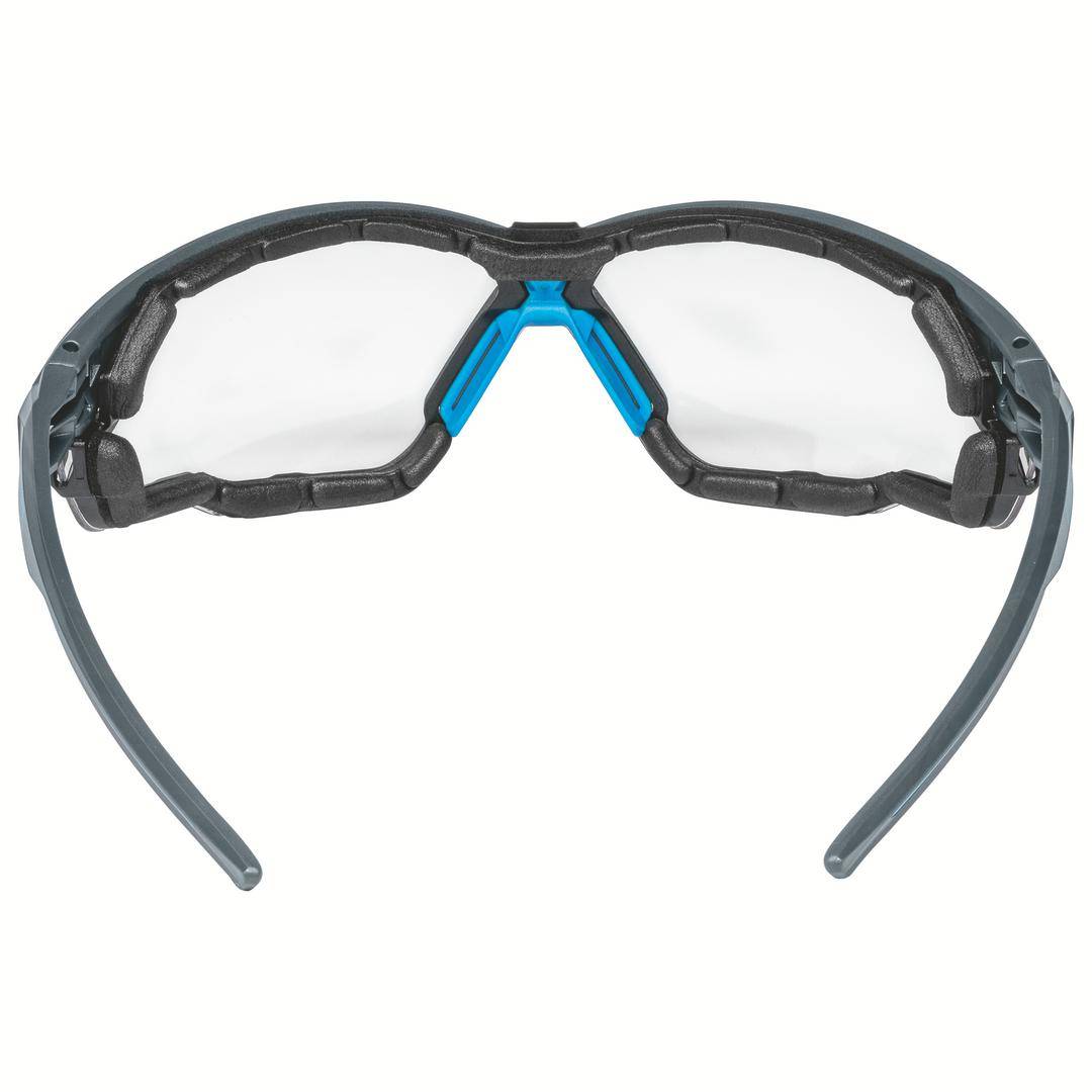 Lunettes de protection avec monture noire et accents bleus, verres transparents. Elles disposent de bords rembourrés pour un confort supplémentaire.