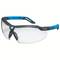 Des lunettes de protection avec un cadre gris et des branches bleues. Elles disposent de verres transparents et offrent une protection oculaire lors de travaux manuels.