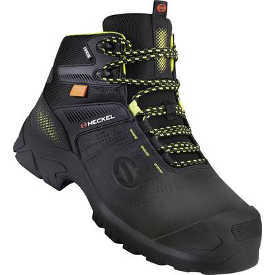 Une chaussure de sécurité noire avec des lacets jaune et noir et un design robuste, offrant une protection pour les travaux dans des environnements exigeants.
