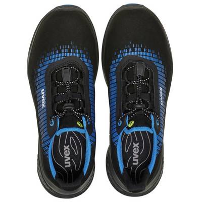 Chaussures de travail noires et bleues avec lacets et logo Uvex, vues de dessus.