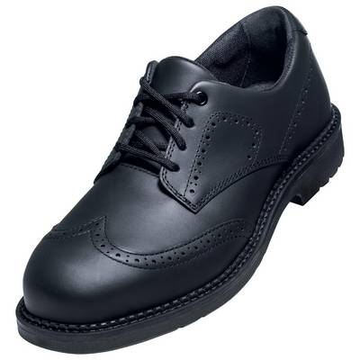Chaussure noire en cuir à lacets et coutures décoratives, vue latérale.