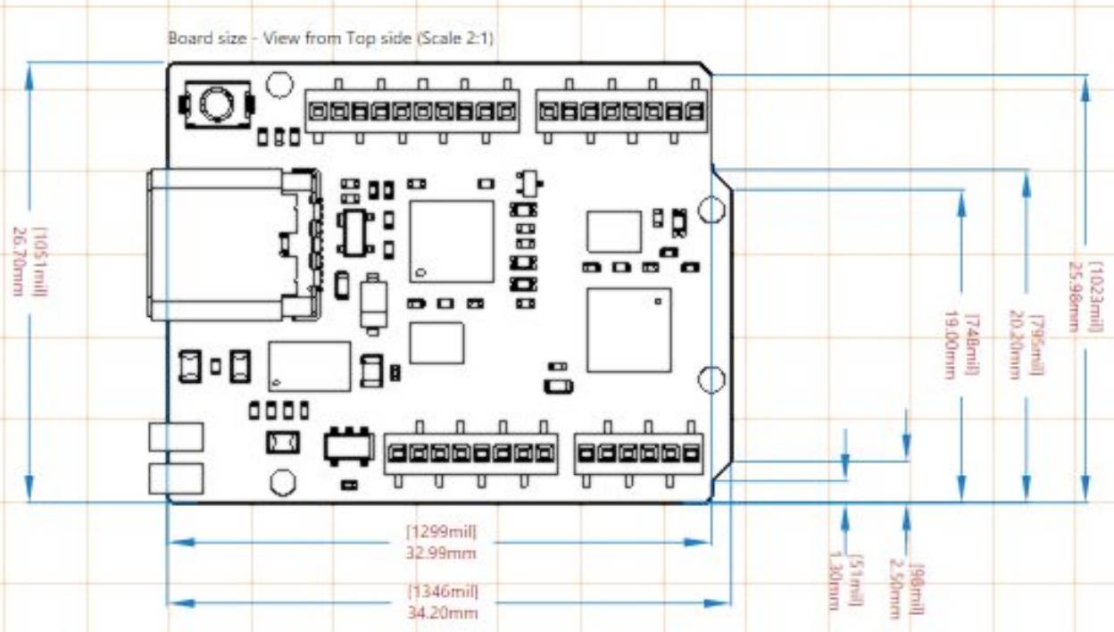 Plan de câblage d'un circuit imprimé avec dimensions, vue de dessus, échelle 2:1. Divers composants électroniques et connexions sont marqués.