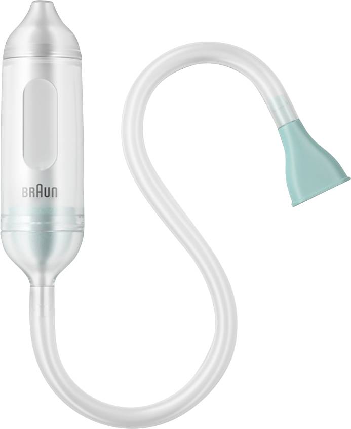 Aspirateur nasal Braun : Un aspirateur nasal transparent et flexible, doté d'un embout bleu doux, conçu pour nettoyer délicatement les voies nasales des bébés.