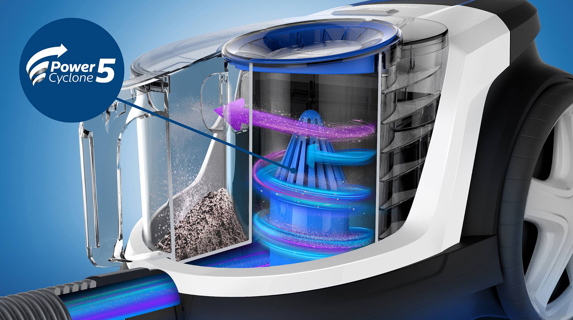 Un aspirateur à boîtier transparent montre le mécanisme 'PowerCyclone 5' à l'intérieur, qui capture la poussière et les saletés.