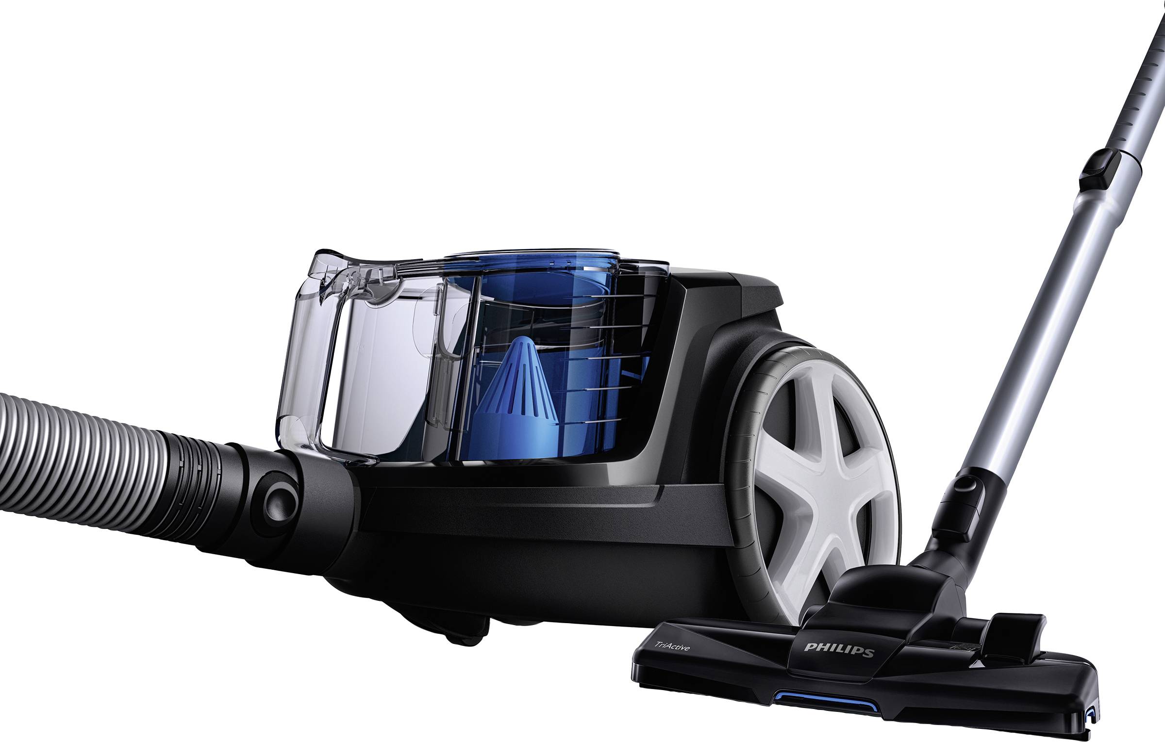 Un aspirateur traîneau noir avec un accent bleu et une grande roue. L'aspirateur a un boîtier transparent et un long tuyau.