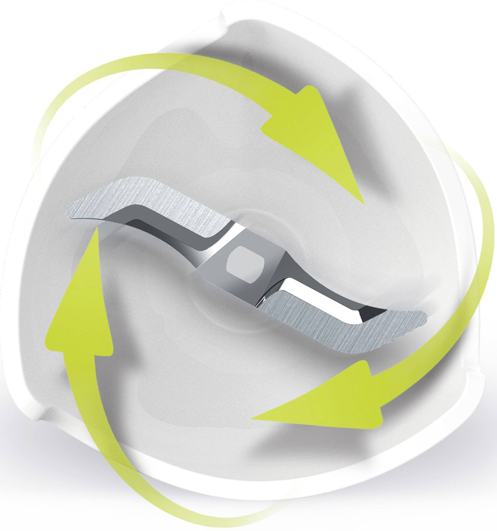 Image d'un accessoire de mixeur triangulaire avec des lames en acier inoxydable rotatives, illustré par des flèches indiquant le sens de rotation.