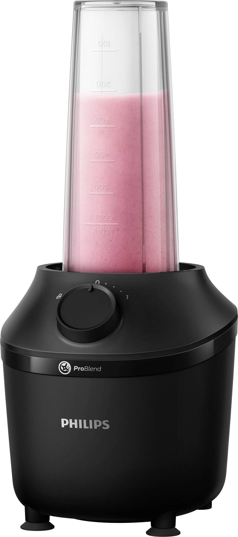 Un mixeur sur socle noir Philips avec un smoothie rose dans le récipient, gradué avec des marques en millilitres.