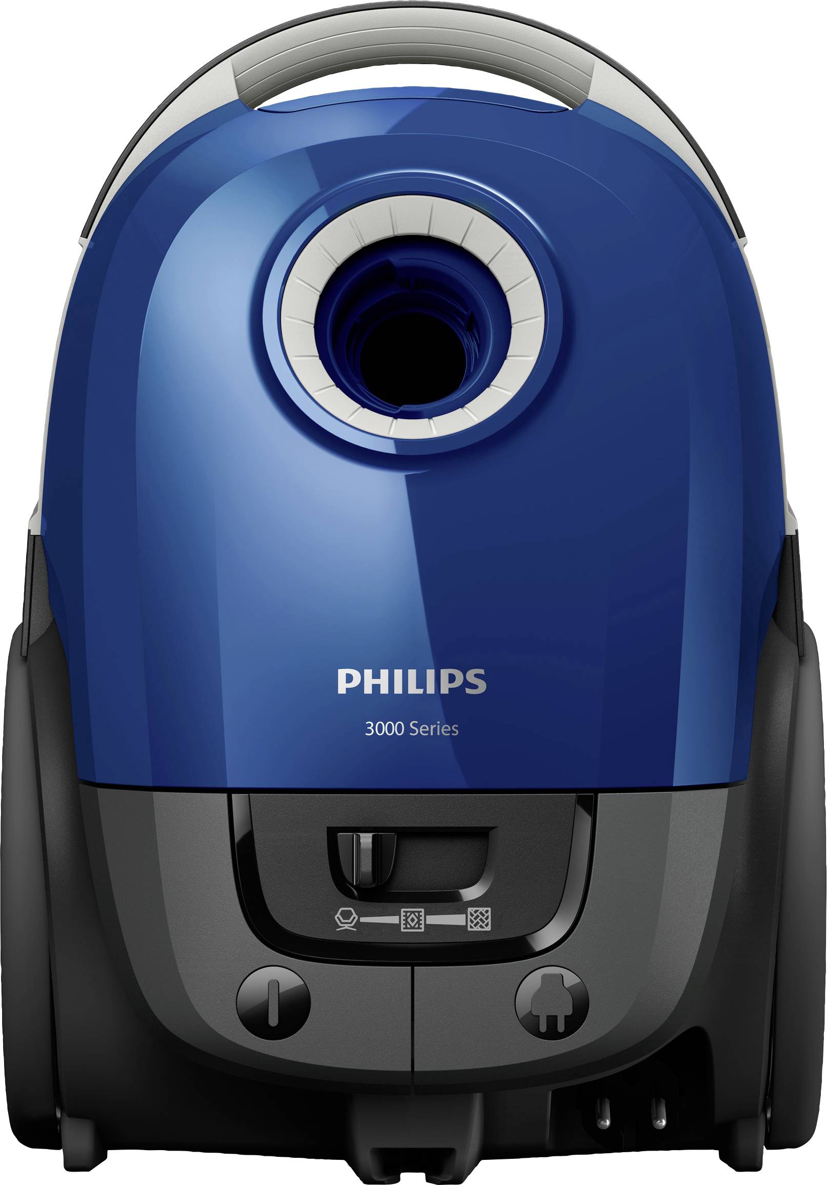 Un aspirateur bleu de la marque Philips, série 3000. L'entrée d'air ronde et le panneau de commande noir en bas sont visibles.