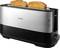 Un grille-pain moderne capable de toaster deux tranches de pain est présenté. L'appareil dispose d'un avant en finition argentée et d'éléments décoratifs noirs avec des commandes intégrées.