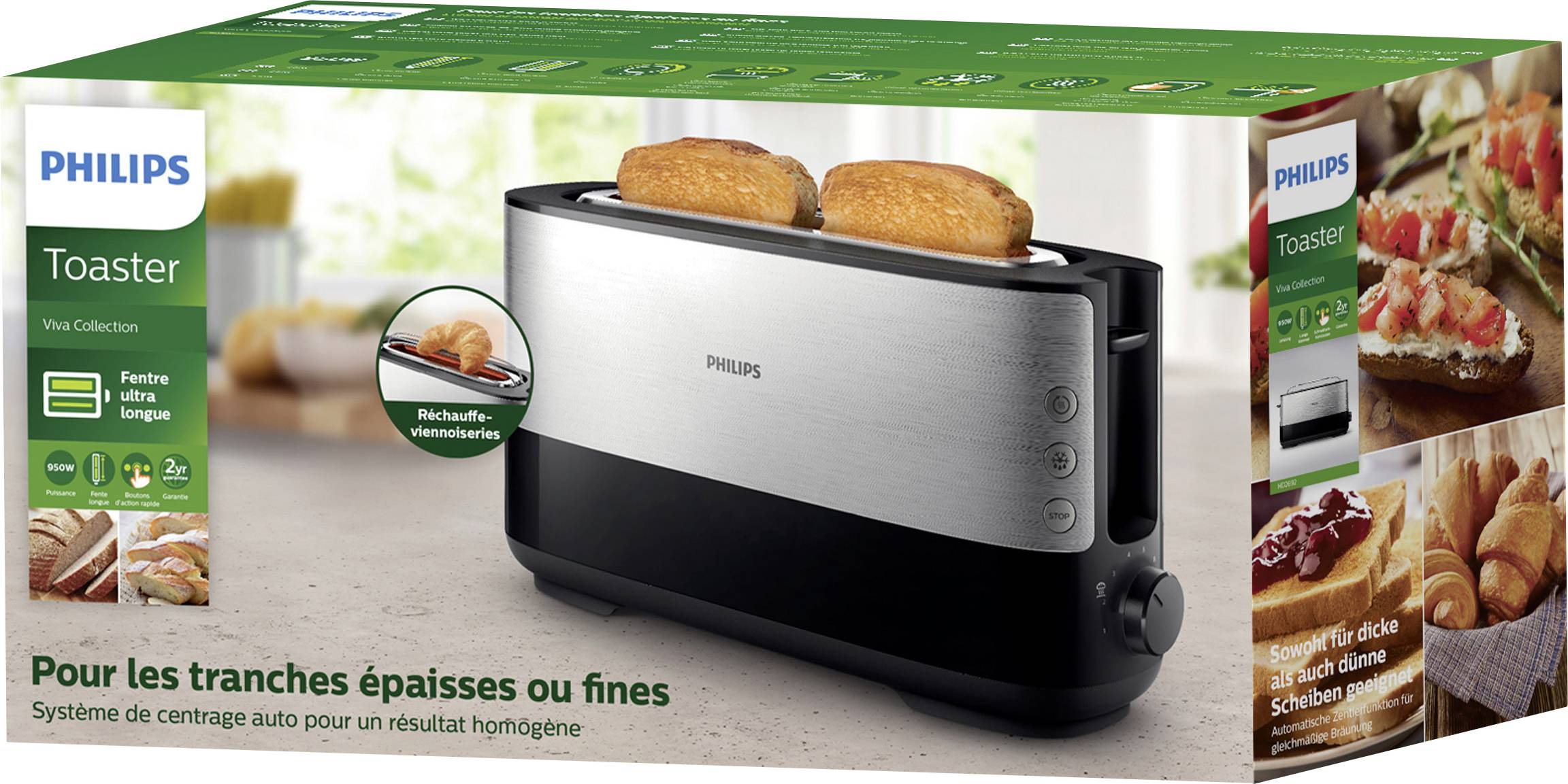 Grille-pain Philips, en acier inoxydable, pour tranches épaisses ou fines, centrage automatique, deux toasts visibles dans le grille-pain sur l'emballage.