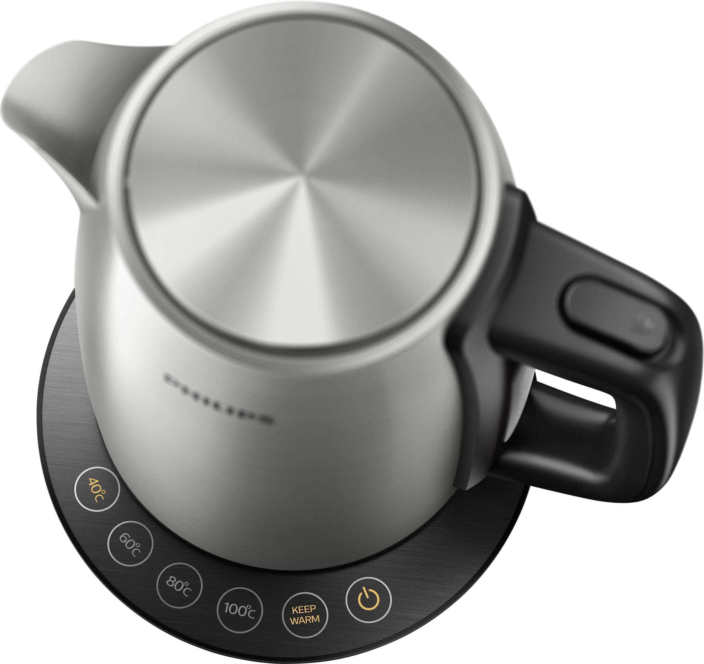 Bouilloire électrique sur sa station de base avec régulation de température. Touches indiquant 40°C, 60°C, 80°C, 100°C et 'MAINTIEN AU CHAUD'.