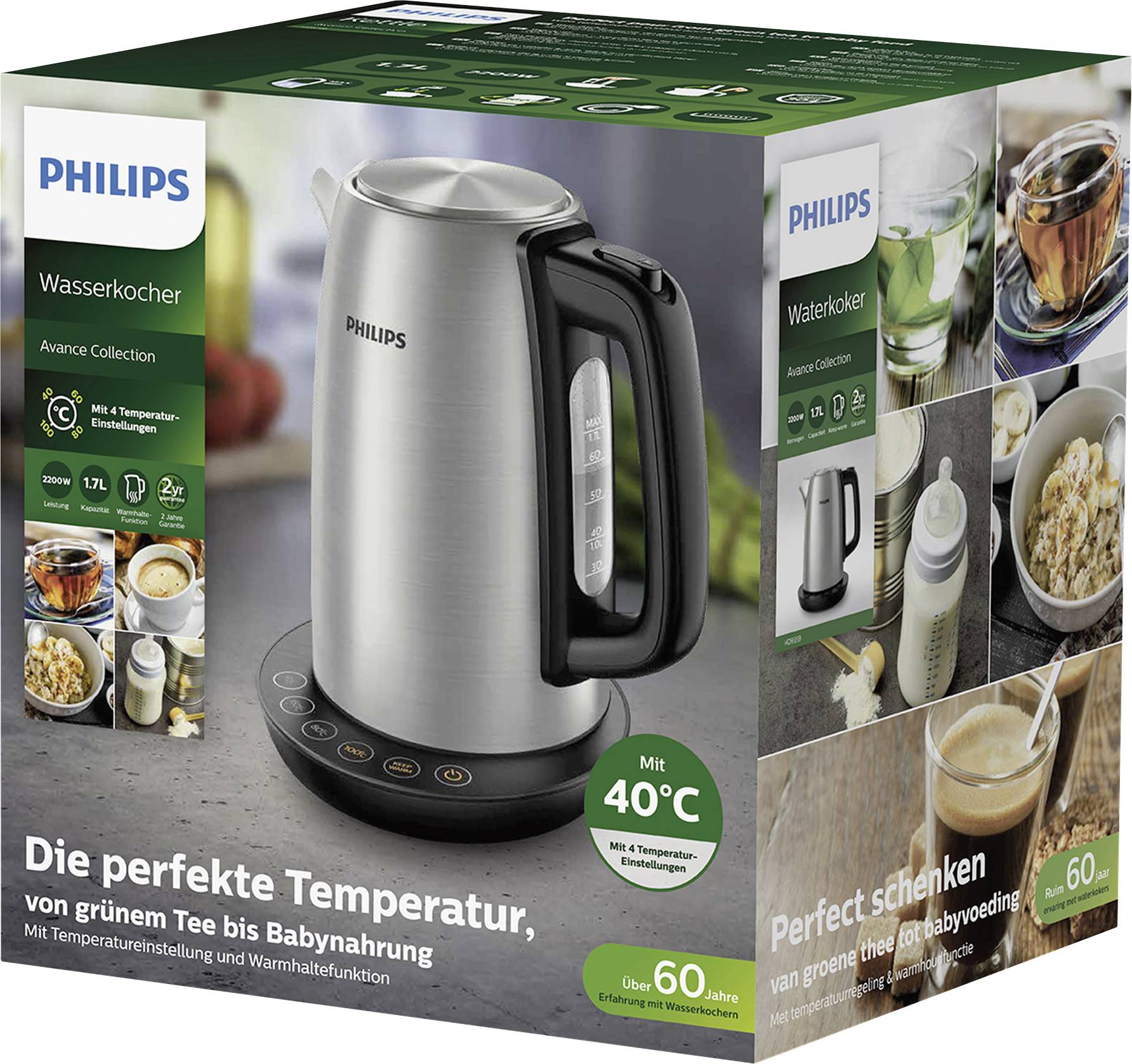 Bouilloire Philips avec réglage de température et fonction maintien au chaud, adaptée du thé vert à la préparation des aliments pour bébés, en acier inoxydable.