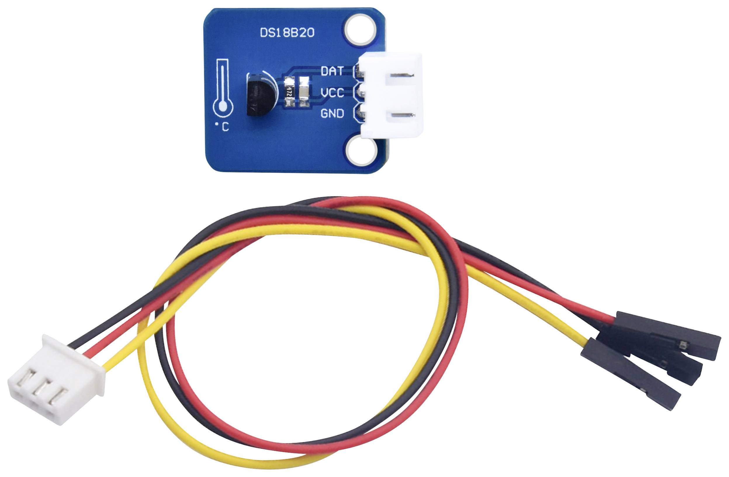 Un capteur de température DS18B20 bleu avec trois points de connexion (DAT, VCC, GND) et un faisceau de câbles avec trois fils de couleurs différentes.