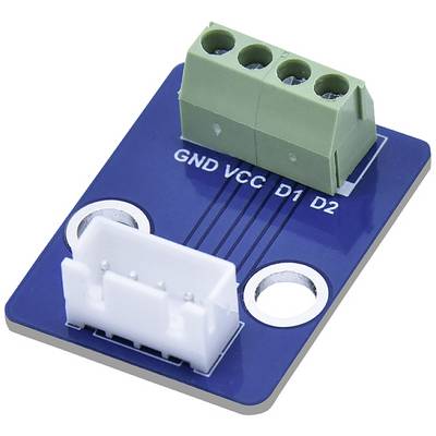Petit adaptateur bleu avec connexion verte et bloc de raccordement blanc. Étiqueté avec 'GND', 'VCC', 'D1' et 'D2'.